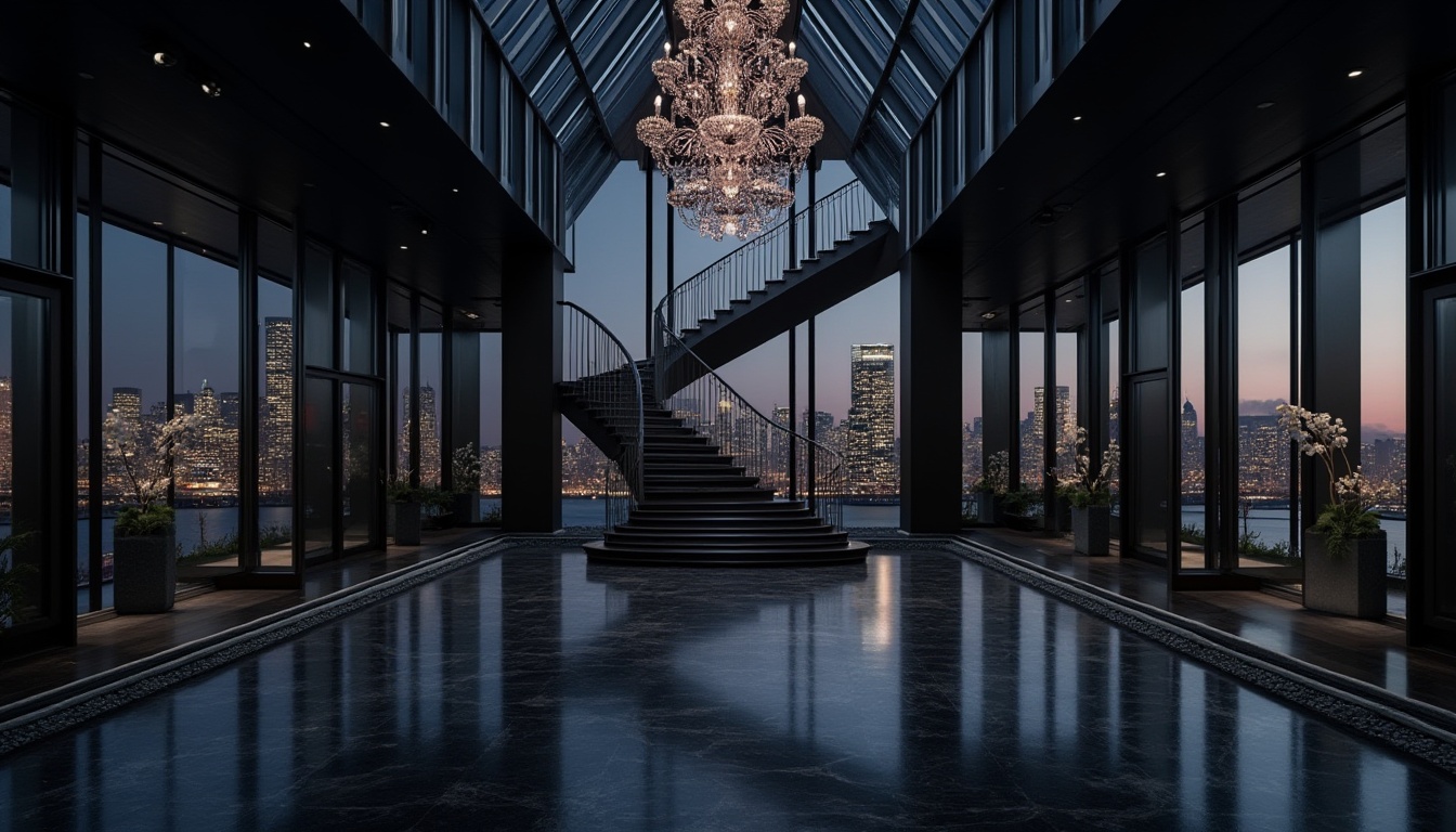 Prompt: Dark pavilion, modern architecture, black steel frame, glossy black marble floor, black metal staircase, luxurious chandelier, dramatic high ceiling, grand entrance, geometric pattern, minimalistic decor, spotlights, evening atmosphere, city skyline view, urban landscape, night scene, soft focus, cinematic composition, wide-angle lens.