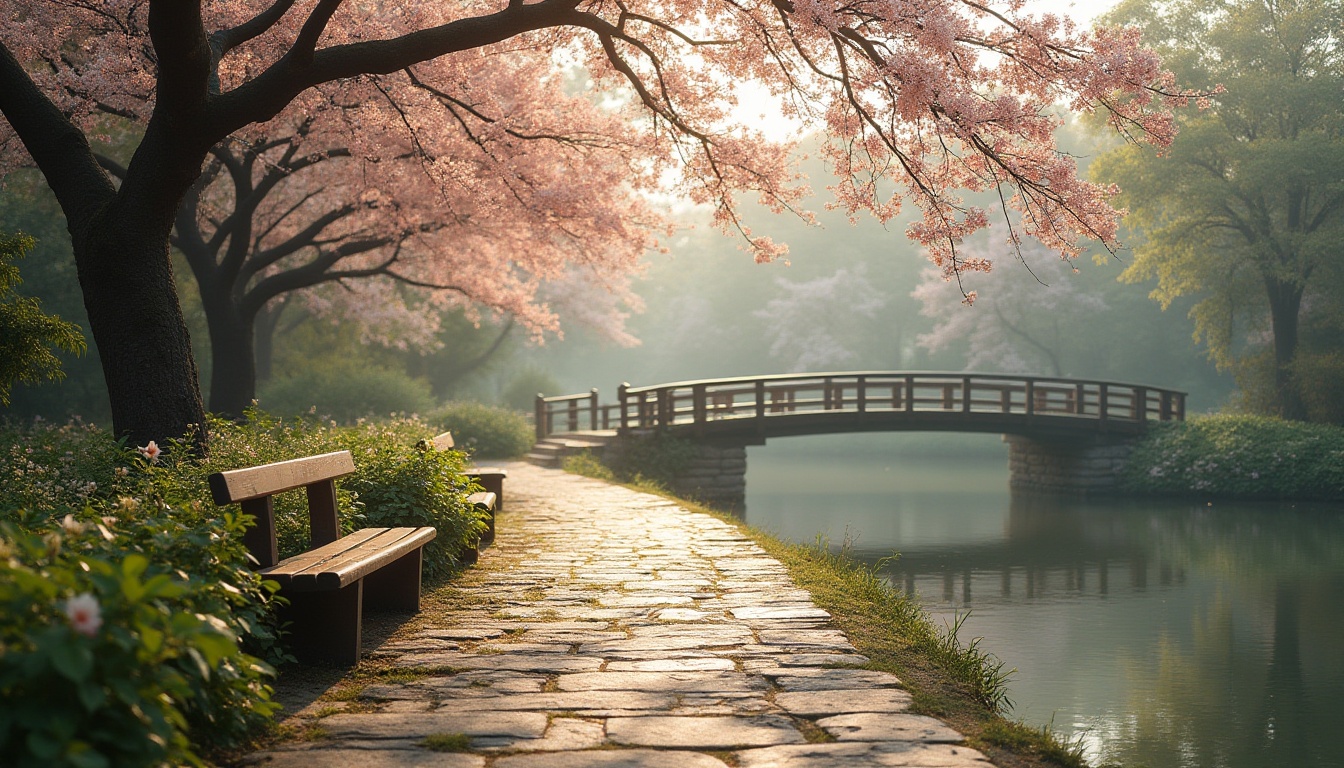 Prompt: Serene park scenery, harmonious atmosphere, wooden bridge, gentle curve, natural material, rustic texture, tranquil water reflection, lush greenery, vibrant flowers, blooming cherry blossoms, peaceful walking path, subtle stone pavement, benches with backrests, soft warm lighting, morning dew, misty fog, cinematic composition, 3/4 angle, shallow depth of field.