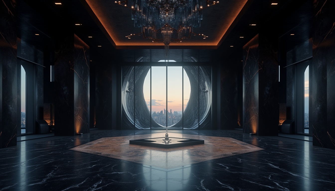 Prompt: Dark, majestic pavilion, black steel structure, geometric shape, modern architecture, luxurious interior, black marble floor, glossy finish, high ceiling, minimalist chandelier, ambient lighting, dramatic shadows, evening atmosphere, city skyline view, urban landscape, bold composition, wide-angle lens, cinematic mood, deep depth of field.