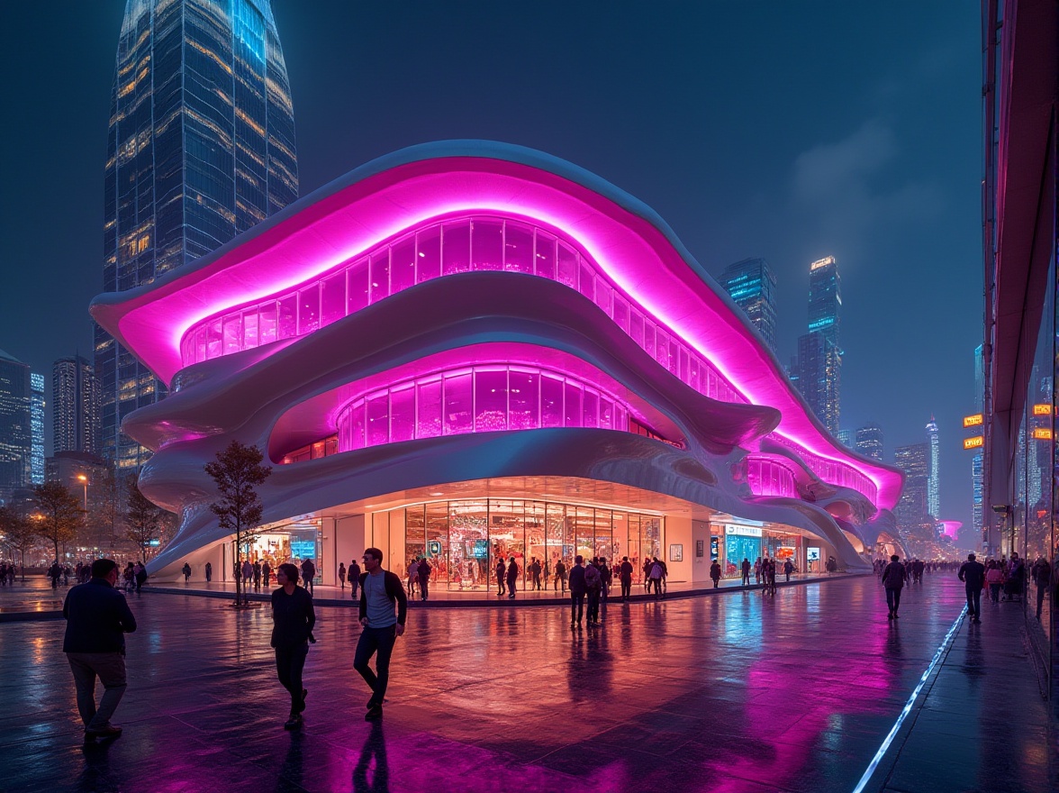 Prompt: Futuristic building, vibrant fuchsia walls, metallic accents, sleek lines, neon lights, urban cityscape, night scene, busy streets, pedestrians walking, modern skyscraper, curved architecture, LED lights reflecting on wet pavement, shallow depth of field, cinematic composition, high-angle shot, dramatic lighting, bold colors, abstract reflections, 3/4 composition, warm and cool color contrast.