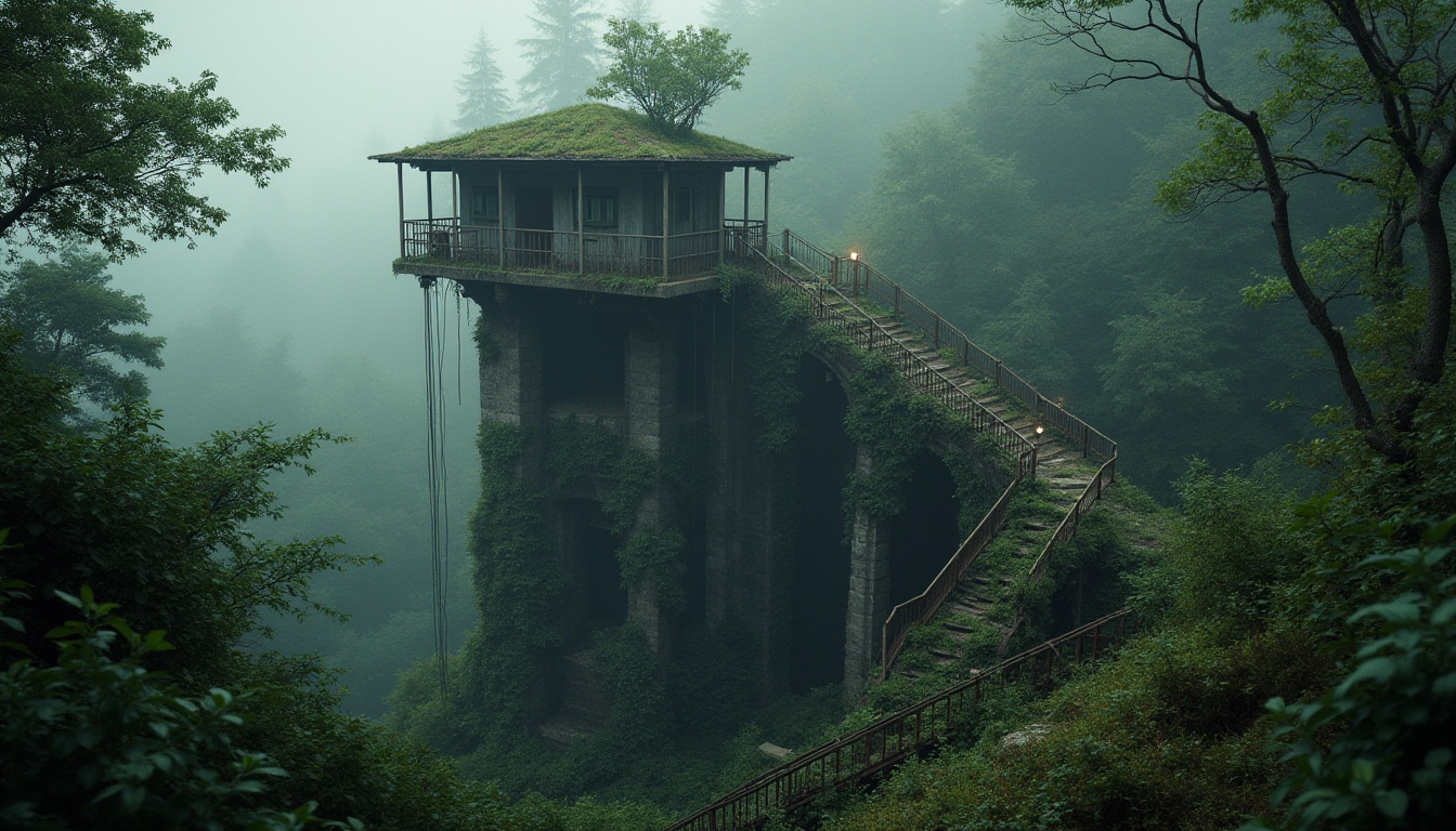 Prompt: Watching tower, surrounded by dense forest, misty atmosphere, vines crawling up walls, moss-covered stone foundation, wooden observation deck, rusty metal railings, lantern-style lamps, warm soft lighting, 3/4 composition, foliage framing the view, trees growing through ruins, overgrown with ivy, abandoned yet serene, cinematic mood, mysterious ambiance, warm color palette.