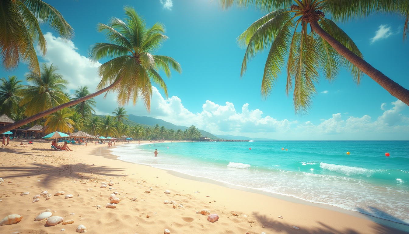 Prompt: Vibrant beach scene, heliotrope color scheme, warm sandy dunes, tropical palm trees swaying gently, clear turquoise water, calm waves crashing on shore, seashells scattered along the beach, colorful beach balls and inflatables, a few people relaxing under umbrellas or walking along the shoreline, sun-kissed skin, summer vibe, bright blue sky with puffy white clouds, warm golden light, shallow depth of field, vibrant color palette, high contrast, soft focus, cinematic composition.