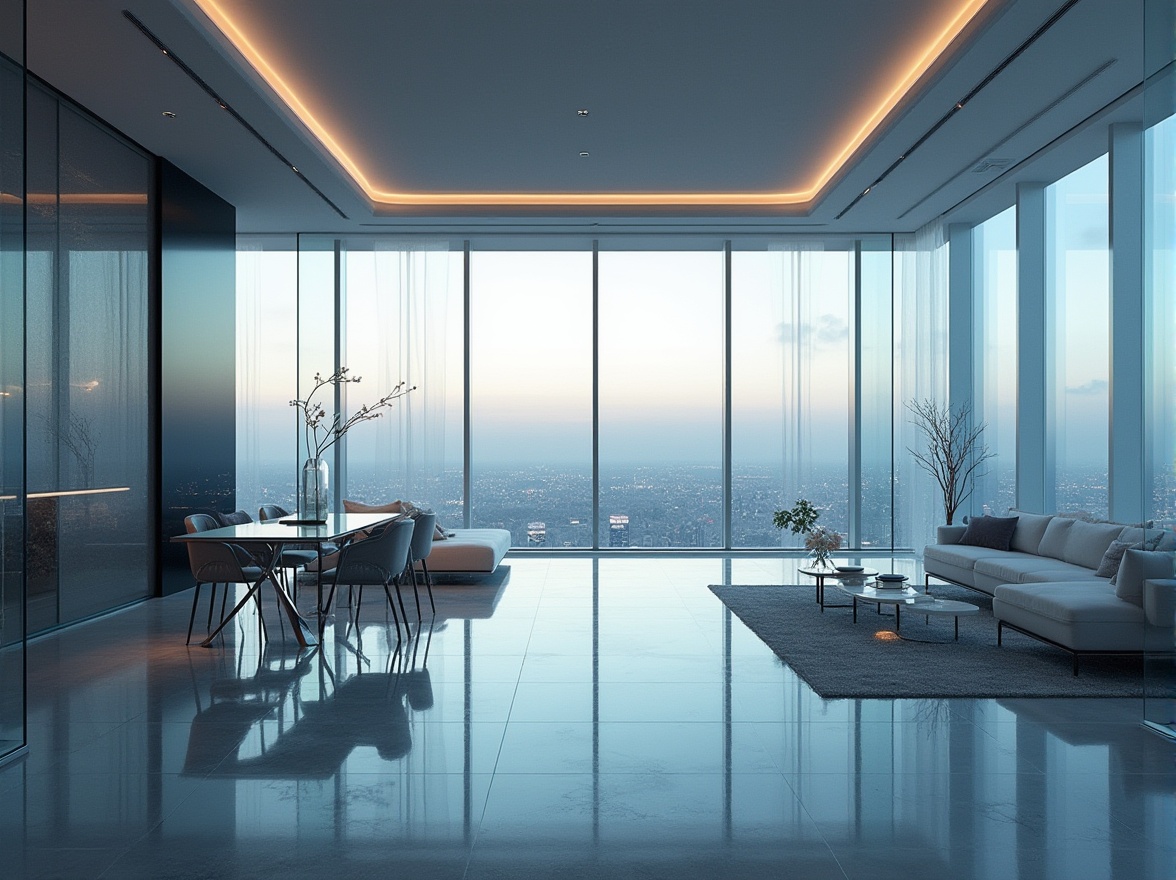 Prompt: Modern interior design, glass material, transparent, reflective, sleek, minimalist, futuristic, cityscape, skyscraper, luxurious villa, spacious living room, floor-to-ceiling windows, glass tables, metal legs, geometric patterns, ambient lighting, soft focus, 3/4 composition, shallow depth of field.