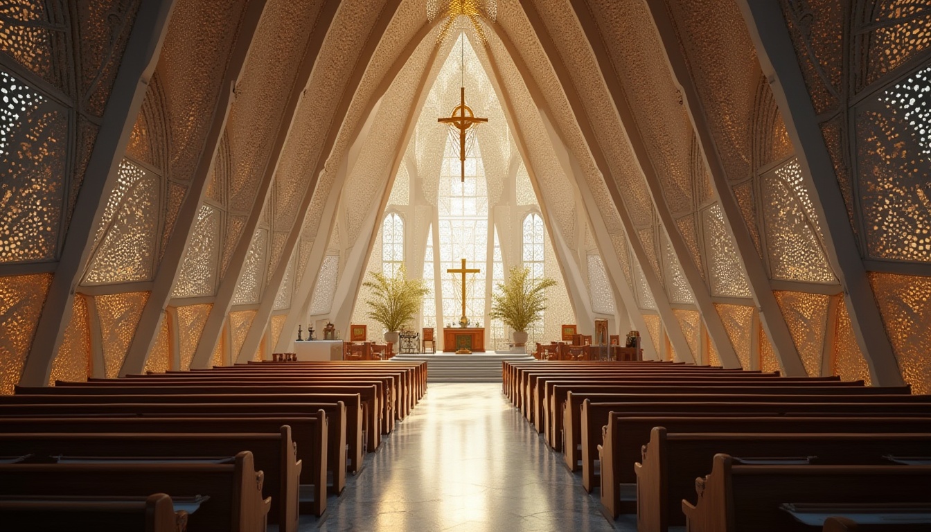 Prompt: Perforated metal, church design, modern architecture, spiritual atmosphere, intricate details, natural light filtering through, geometric patterns, crosses, stained glass windows, stone walls, wooden pews, altar, holy statues, peaceful ambiance, subtle lighting, warm colors, afternoon sunbeams, soft shadows, abstract composition, high-angle shot, cinematic mood.