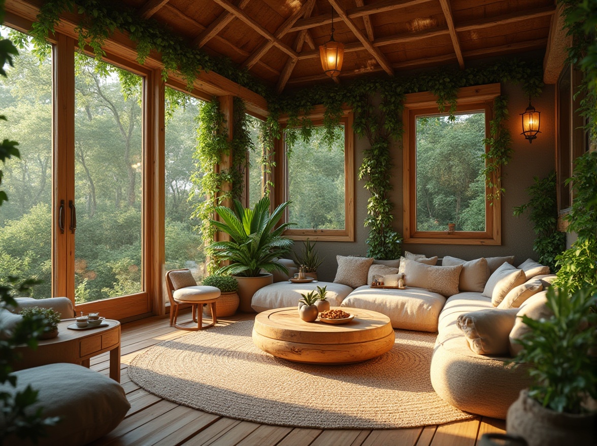 Prompt: Natural community space, organic design, earthy tone, wooden accents, lush greenery, vines crawling up walls, floor-to-ceiling windows, abundant natural light, cozy nooks, plush cushions, woven baskets, handmade ceramics, reclaimed wood furniture, warm atmosphere, soft background lighting, 3/4 composition, blurred edges, serene ambiance.