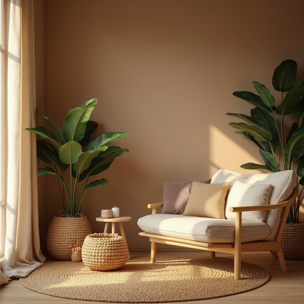 Prompt: Earthy brown color palette, tranquil atmosphere, cozy interior, natural materials, wooden furniture, woven baskets, jute rug, linen drapes, plants with green leaves, soft lighting, warm ambiance, comforting colors, serene mood, relaxing environment, nature-inspired decor, earthy scent, organic textures, calming composition, soft focus, shallow depth of field.