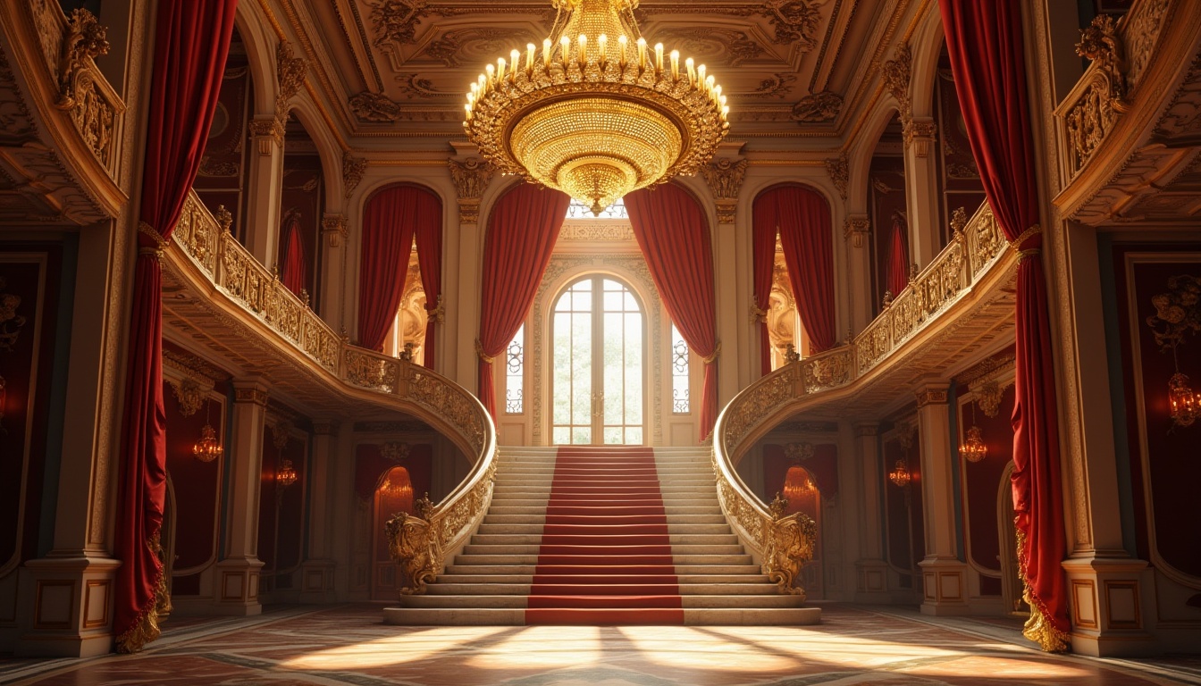 Prompt: Grand opera house, luxurious interior, sweeping staircase, ornate chandelier, intricate moldings, velvet red curtains, golden accents, Baroque details, grandeur atmosphere, afternoon soft lighting, warm color palette, dramatic arches, marble floors, opulent furnishings, lavish decorations, statues, frescoes, subtle shadows, cinematic composition, 3/4 view, low-angle shot, warm ambient glow.