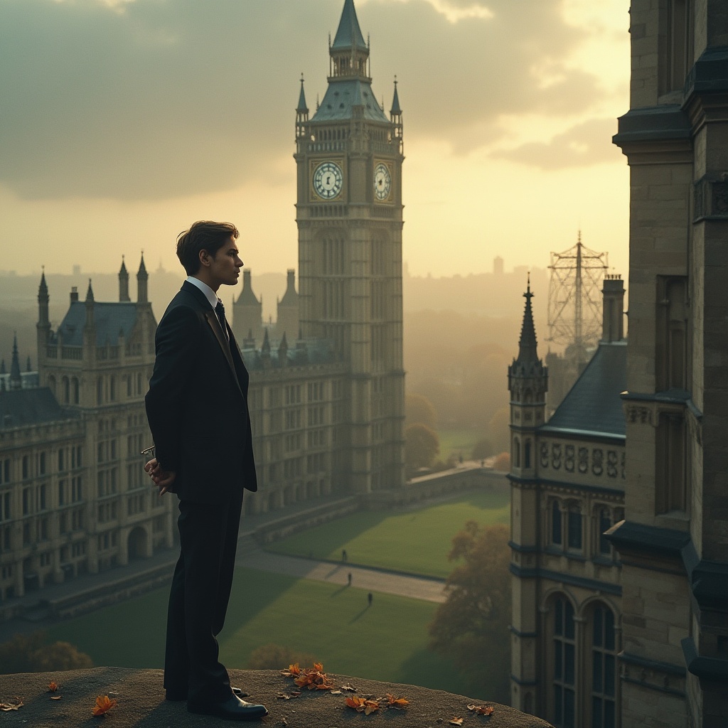 Prompt: Watching towers, academic style, majestic skyscraper, Gothic architecture, intricate stone carvings, stained glass windows, ornate clock tower, warm golden light, late afternoon, dramatic clouds, misty atmosphere, solitary figure standing at the edge, contemplating, hands behind back, classic suit, black trousers, white shirt, black tie, leather shoes, serious facial expression, subtle makeup, short brown hair, glasses perched on nose, book or journal in hand, historic university setting, sprawling green campus, autumn leaves scattered around, soft focus effect, cinematic composition, atmospheric perspective.