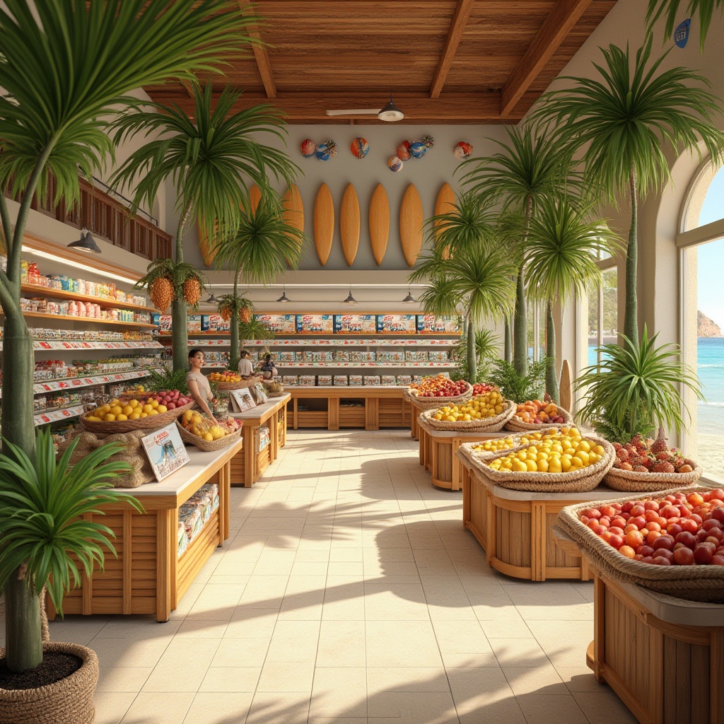 Prompt: Beach-themed grocery store interior, tropical decorations, palm trees, colorful beach balls, surfboards on walls, sandy floor texture, wavy glass shelves, seaside-inspired packaging, fruit stands with woven baskets, nautical rope displays, sunny warm lighting, 3/4 composition, relaxed atmosphere, casual shopper, summery vibes.