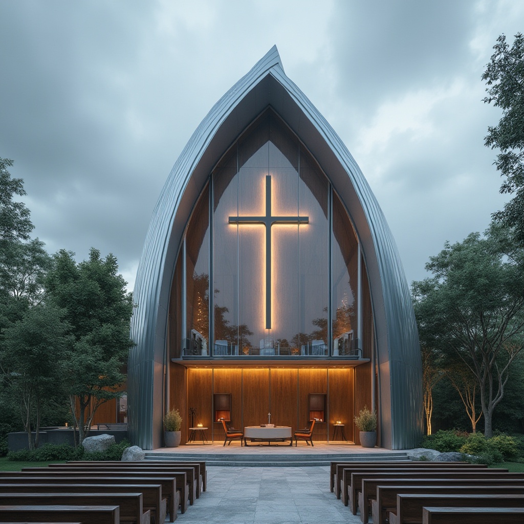 Prompt: Modern church, galvanized steel structure, sleek minimalist architecture, silver-gray metal exterior, large glass windows, subtle crucifix pattern, geometric shapes, clean lines, polished concrete floor, industrial chic interior, soft warm lighting, subtle sacred symbols, elegant wooden pews, natural stone accents, lush greenery surrounding the building, calm serene atmosphere, overcast sky, dramatic clouds, cinematic composition, shallow depth of field.