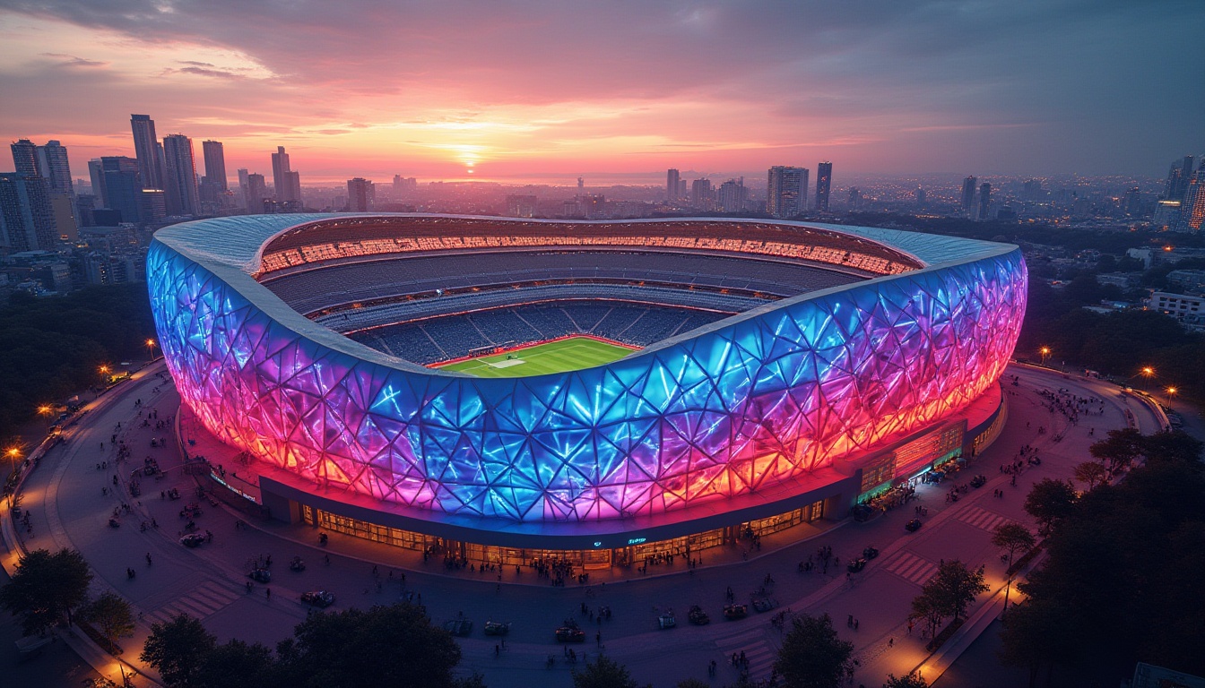 Prompt: Stadium architecture, vibrant color scheme, bold geometric patterns, dynamic LED lights, sleek modern lines, glossy metallic materials, angular shapes, tiered seating, bustling atmosphere, panoramic cityscape views, evening sunset glow, warm ambient lighting, 3/4 composition, low-angle shot, dramatic shadows.