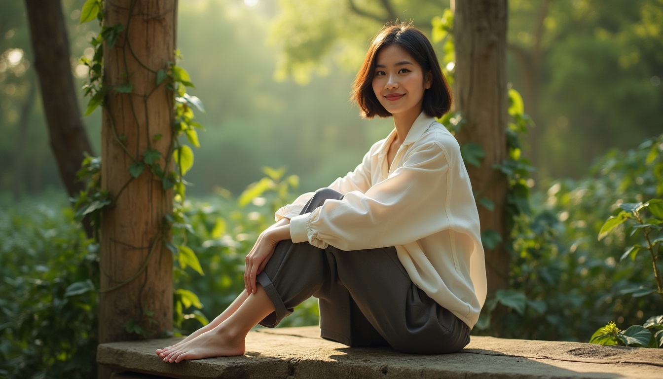 Prompt: Simple modern woman, minimal makeup, neat bobbed hair, gentle smile, relaxed posture, legs crossed, sitting on a natural stone bench, surrounded by lush greenery, vines crawling up wooden pillars, soft morning sunlight filtering through leafy trees, warm beige clothing, flowy white shirt, dark grey trousers, bare feet, serene facial expression, peaceful atmosphere, subtle mist, ambient lighting, 3/4 composition, shallow depth of field, natural textures, organic shapes.