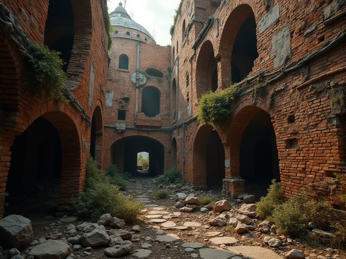 Prompt: Deconstructivist architecture, abstract background, fragmented brick walls, irregular shapes, rough textured bricks, earthy tone, moss-covered surfaces, overgrown with vines, crumbling structures, dramatic lighting, low-angle shot, bold composition, emphasis on materiality, postmodernism, avant-garde, unconventional forms.