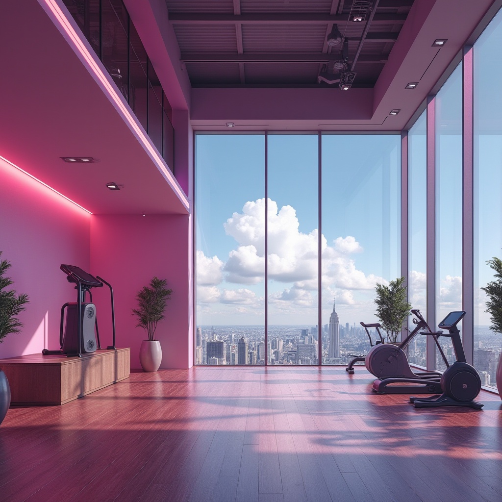 Prompt: Modern gymnasium interior, vibrant orchid color accent wall, sleek wooden floor, minimalist sports equipment, futuristic LED lighting, panoramic view, low-angle shot, dynamic composition, softbox lighting, shallow depth of field, subtle gradient effect, atmospheric mist, realistic texture, contemporary architecture, urban cityscape outside, blue sky with puffy white clouds.