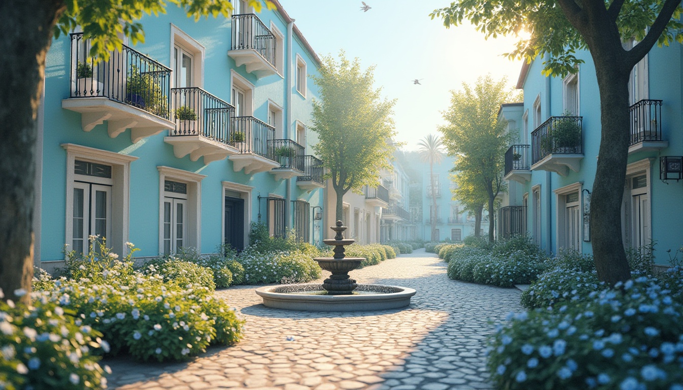 Prompt: Light blue themed residential area, calm atmosphere, soft focus, morning sunlight, gentle shadows, pastel colored buildings, white window frames, delicate balconies, flower beds with blooming forget-me-nots, small fountain in the center, cobblestone pavement, lush greenery, few residents strolling leisurely, warm ambient lighting, shallow depth of field, 3/4 composition.