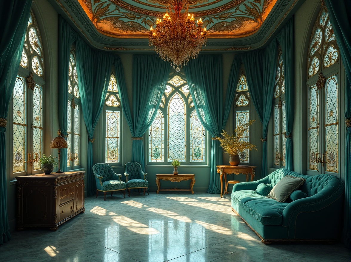 Prompt: Art Nouveau, teal color, ornate metalwork, intricate patterns, flowing curves, organic shapes, luxurious fabrics, velvet drapes, antique furniture, vintage accessories, stained glass windows, grand chandelier, high ceiling, marble floor, Victorian-era inspired, mysterious atmosphere, soft warm lighting, 3/4 composition, cinematic angle.