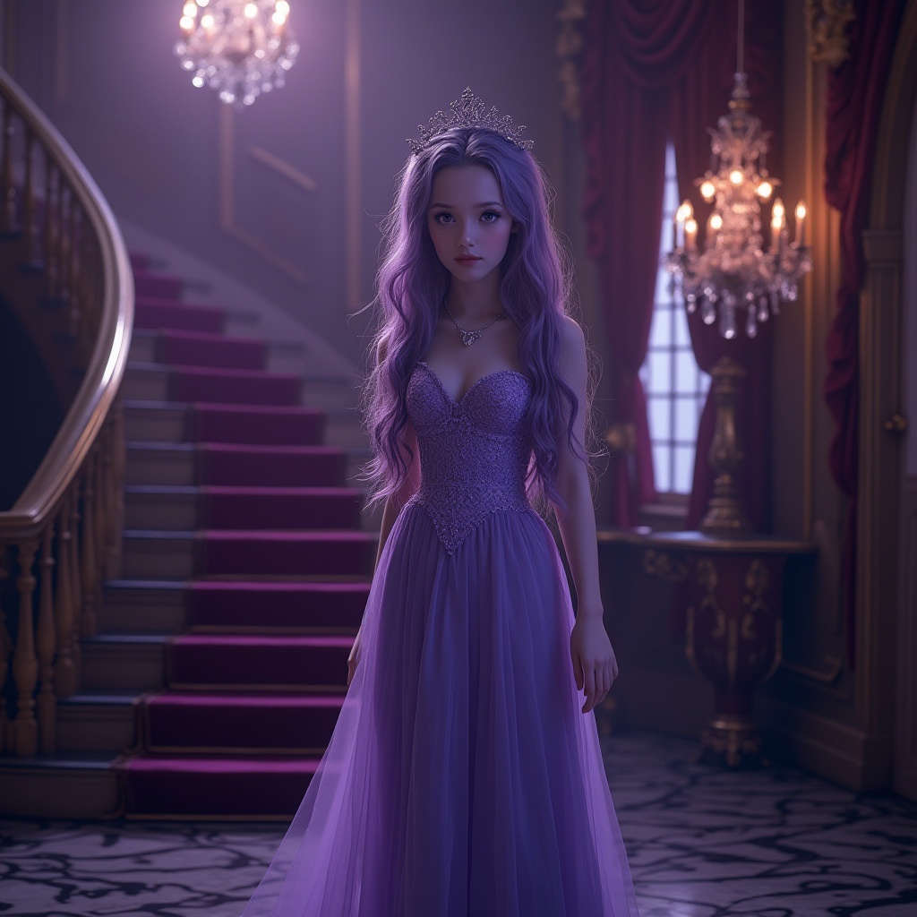 Prompt: Mysterious violet-haired girl, solo, (18yo), beautiful detailed eyes with blue eyeliner, light blush, pale skin, elegant purple dress with intricate lace details, long flowing skirt, high heels, necklace with a small crystal pendant, standing, grand staircase, luxurious mansion, Baroque architecture, velvet curtains, chandeliers, evening, soft violet lighting, cinematic composition, depth of field, HDR, dramatic shadows.