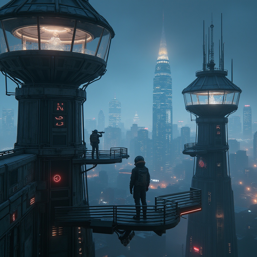 Prompt: Watching towers, futuristic architecture, sleek metal framework, glass panels, neon lights, nighttime cityscape, urban landscape, skyscrapers in background, foggy atmosphere, misty lighting, dramatic shadows, intricate details, metallic texture, reflective surface, observation deck, binoculars, telescope, astronaut helmet, spacesuit, backpack, utility belt, gloves, futuristic gadgets, holographic display, command center, control room, radar system, satellite dish, communication equipment.