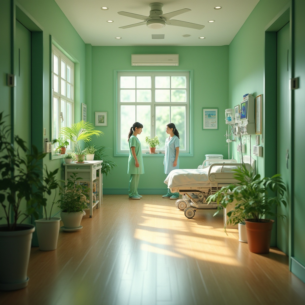 Prompt: Calming hospital corridor, green walls, natural plants, wooden floors, large windows, abundant sunlight, modern medical equipment, soft green nurse uniforms, gentle doctor smiles, peaceful patient rooms, warm green lighting, serene ambiance, nature-inspired furniture, calming atmosphere, healing environment, subtle green accents, eco-friendly materials, organic textures.