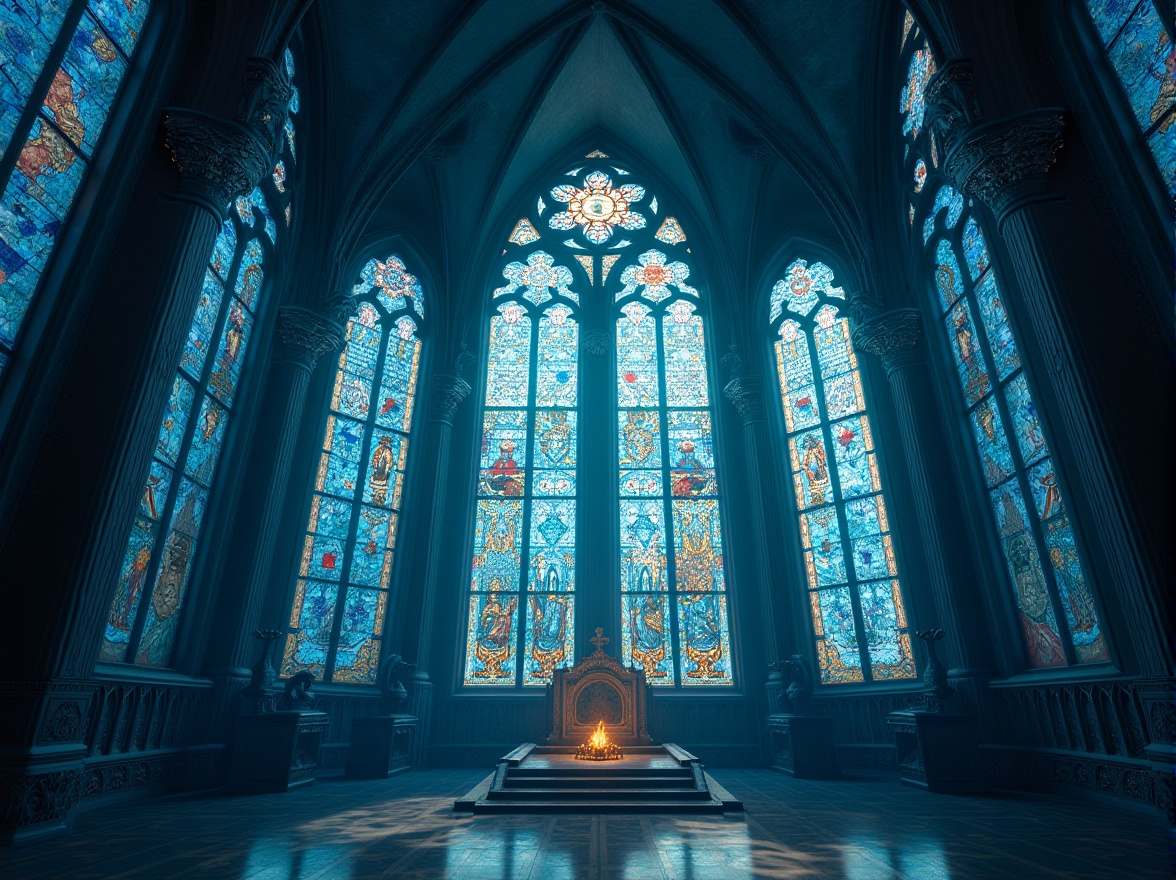 Prompt: Cerulean blue, intricate patterns, ornate details, grandiose architecture, stained glass windows, Gothic cathedral, majestic pillars, vaulted ceiling, sacred symbols, crosses, halos, divine light, serene atmosphere, soft focus, warm tone, subtle texture, atmospheric perspective, dramatic shadows, mysterious ambiance.