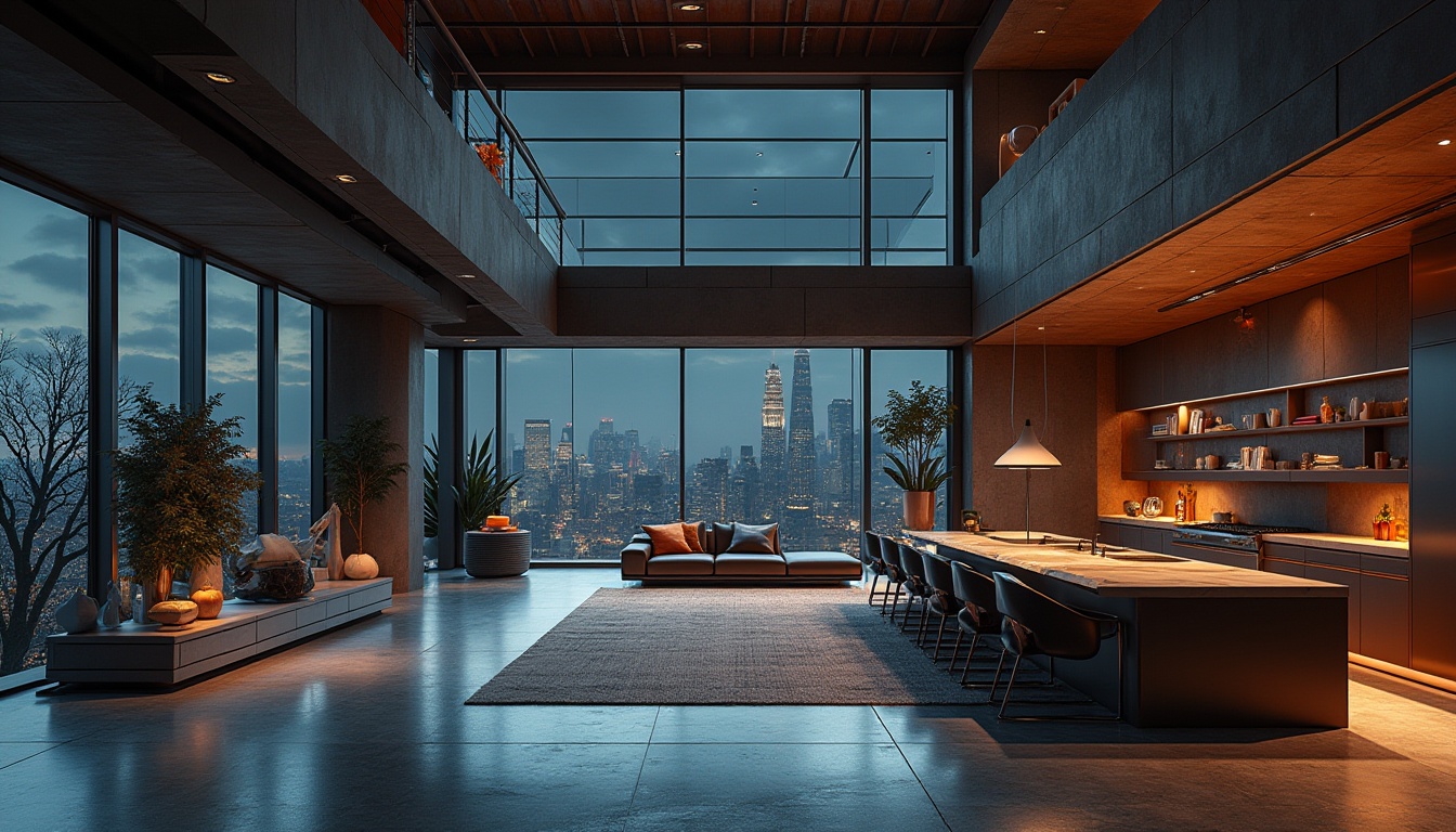 Prompt: Modern expressionist home, luxurious interior, steel materials, metallic luster, sleek lines, geometric shapes, industrial chic, high ceilings, large windows, cityscape views, nighttime lighting, dramatic shadows, futuristic ambiance, avant-garde decor, abstract sculptures, polished concrete floors, steel beams, exposed ductwork, minimalist furniture, bold color accents, moody atmosphere, cinematic composition, wide-angle shot, low-key lighting.