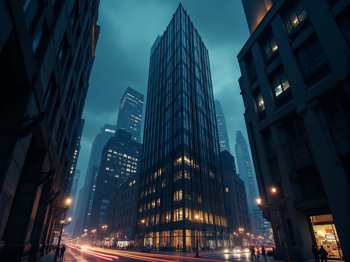 Prompt: Modern skyscraper, urban cityscape, black glass façade, metallic frame, sharp edges, contemporary design, nighttime, city lights reflection, dark alleys, mysterious atmosphere, low-angle shot, cinematic composition, high-contrast lighting, dramatic shadows, brutalist architecture, industrial materials, concrete texture, steel beams, neon signs, busy streets, urban jungle.