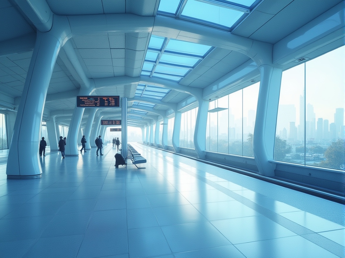 Prompt: Modern train station, light blue color scheme, calming atmosphere, futuristic architecture, sleek lines, minimalist design, stainless steel pillars, glass roof, natural light pouring in, subtle shadows, gentle curves, elegant benches, information screens displaying schedules, soft ambient lighting, quiet morning hours, few passengers, urban landscape outside, city skyscrapers in the distance.