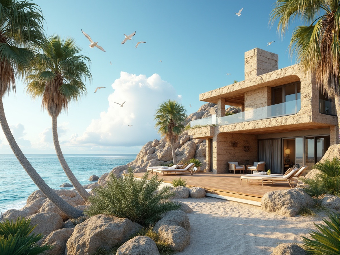 Prompt: Coastal architecture, modern villa, sandstone walls, rough texture, beige color, natural material, wave-patterned decorations, ocean view, seagulls flying overhead, sunny day, clear blue sky, white puffy clouds, palm trees swaying gently, tropical plants surrounding the building, wooden deck, outdoor furniture, seaside resort ambiance, warm and cozy atmosphere, natural lighting, soft shadows.