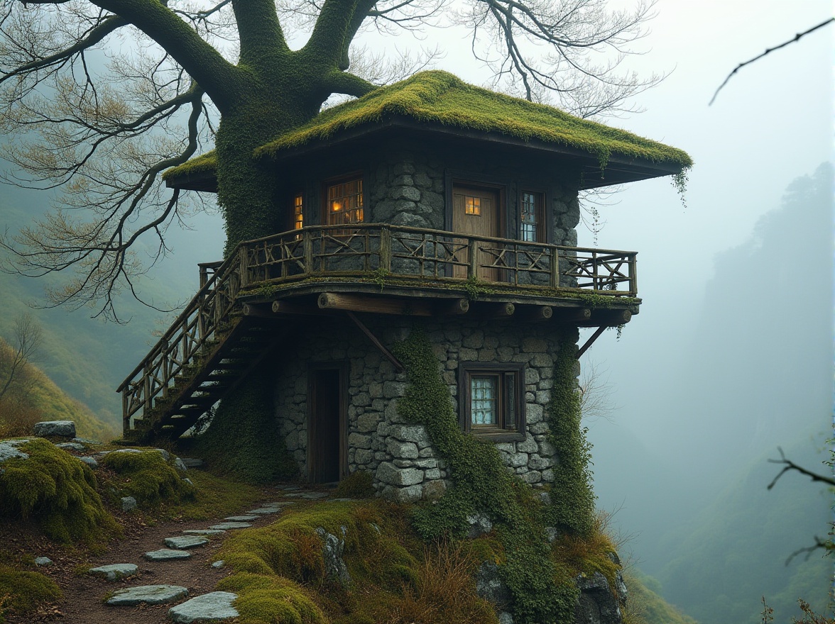 Prompt: Watching tower, nature incorporated, blending with surroundings, tree branches entwined, vines crawling up, moss covered stones, wooden accents, earthy tone, subtle lighting, misty atmosphere, morning dew, foggy valley, mountainous background, 3/4 composition, cinematic angle, soft focus, natural materials, organic shape, harmonious integration.