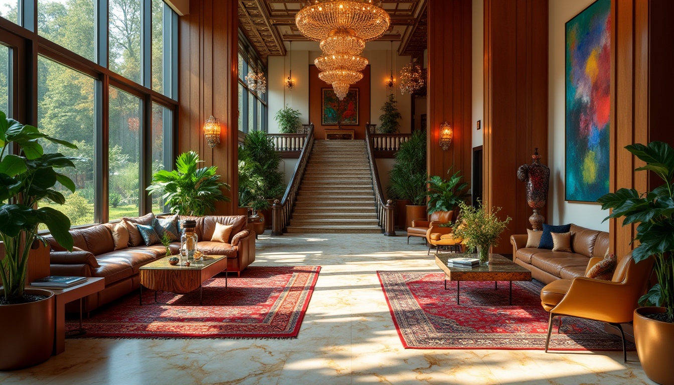 Prompt: Luxurious hotel lobby, eclectic mix, modern chandelier, marble floor, vintage rug, ornate wooden furniture, bold colorful artwork, lush greenery, grand staircase, warm lighting, 3/4 composition, high-angle shot, vibrant colors, abstract background, depth of field, dramatic shadows, cinematic mood, boutique hotel, luxury resort, urban landscape, cityscape.