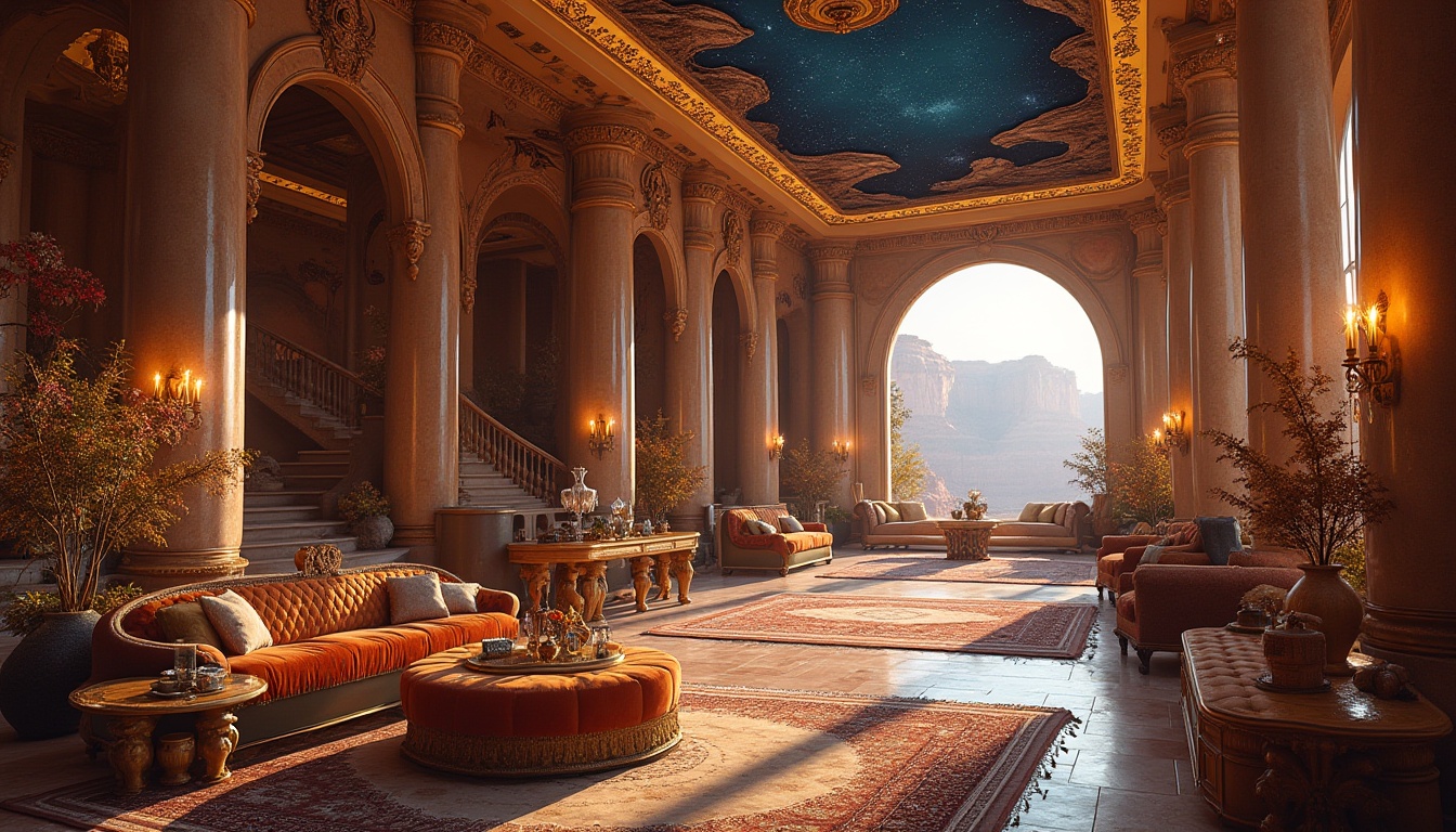 Prompt: Luxurious baroque interior, grand canyon-inspired elements, ornate furniture with carved rocky patterns, rich velvet fabrics in earthy tones, majestic stone columns, intricate mosaics resembling canyon rock formations, dramatic coved ceiling with starry night sky mural, warm golden lighting, plush area rugs with Southwestern patterns, lavish drapery with tassel trim, rustic wooden accents, grand piano with canyon-inspired legs, sprawling staircase with canyon rock banister, opulent chandelier with crystal droplets, vibrant desert flora arrangements, panoramic window views of the Grand Canyon.