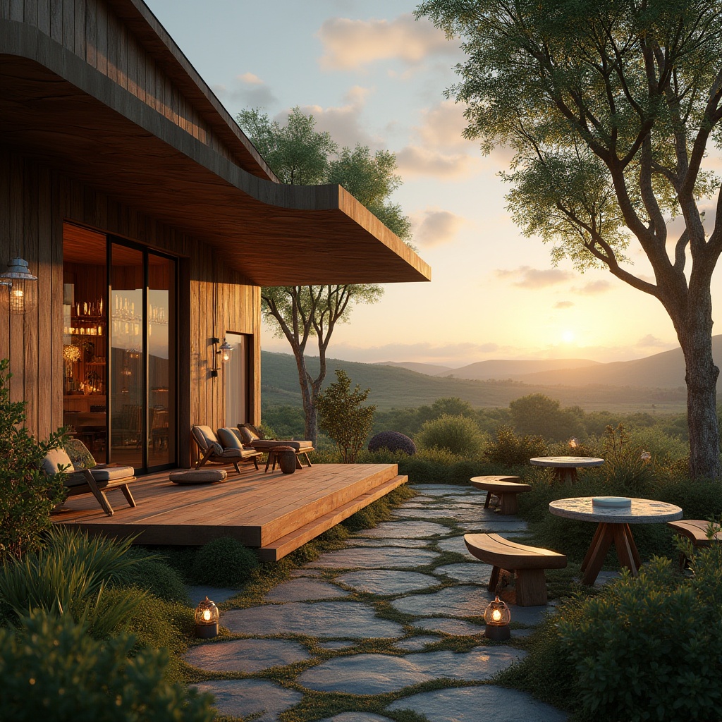 Prompt: Rural spaces, innovative design, modern farmhouse, wooden accents, large windows, sliding glass doors, natural materials, earthy tones, lush greenery, outdoor seating area, wooden benches, stone pathways, lanterns, warm lighting, sunset view, rolling hills, countryside landscape, 3/4 composition, panoramic view, ambient light, cinematic mood.