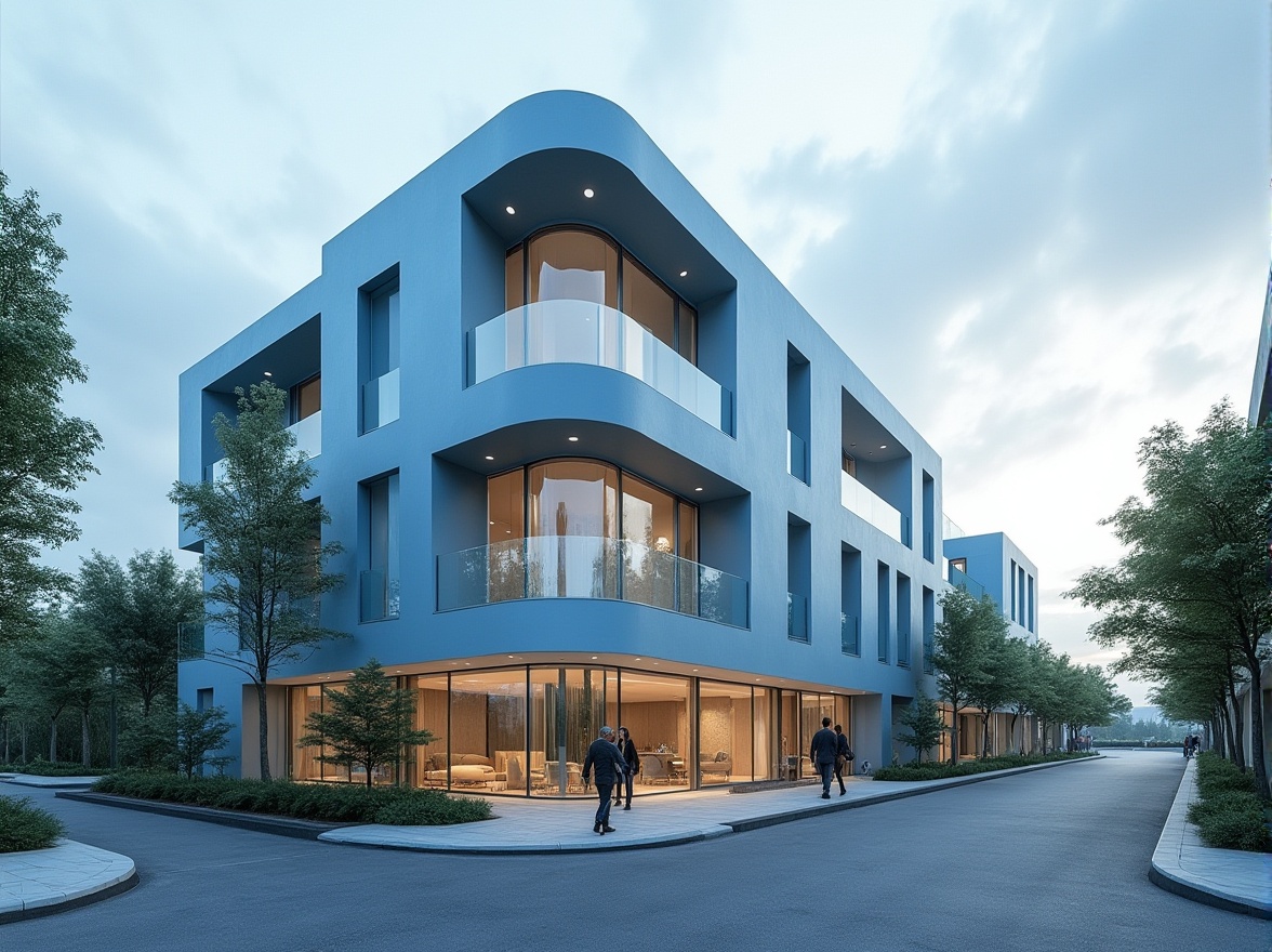 Prompt: Powder blue building, modern minimalist style, smooth curved lines, glass windows, steel frames, sleek roof, urban cityscape, cloudy sky, soft natural light, subtle reflection on windows, 3/4 composition, shallow depth of field, powder blue walls, white trim, chrome accents, lush greenery surrounding, pedestrians walking by, calm atmosphere, warm afternoon ambiance.