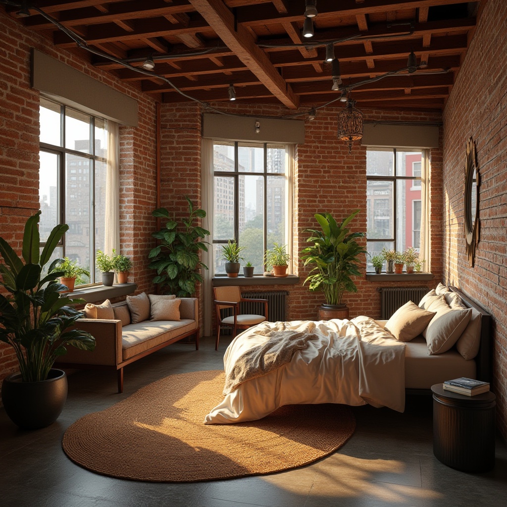 Prompt: Industrial dormitory, warm Sienna color scheme, exposed brick walls, wooden beams, metal frames, cozy atmosphere, soft lighting, comfortable bedding, modern minimalist furniture, plants on windowsills, cityscape views, 3/4 composition, shallow depth of field, natural texture, warm tone, inviting ambiance.