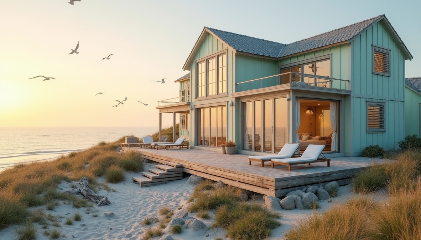 Prompt: Coastal villa, pale green exterior walls, large windows, wooden shutters, beachside, sunset time, warm soft light, gentle ocean breeze, seagulls flying overhead, sandy dunes, beach grass, driftwood, weathered wooden deck, lounge chairs, coastal pathway, stone steps leading to the villa, panoramic view, 3/4 composition, shallow depth of field, pastel color palette, serene atmosphere.