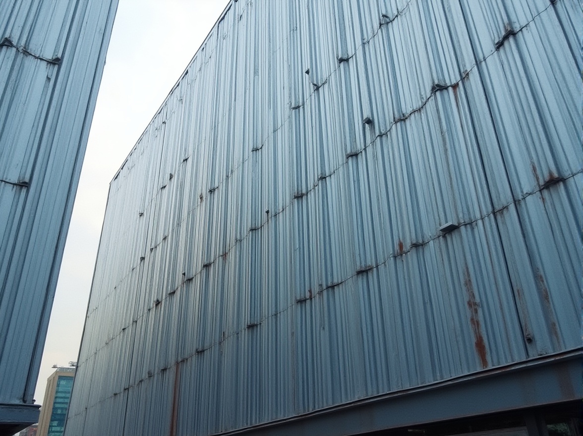 Prompt: Modern architecture, corrugated metal facade, silver metallic color, industrial feel, urban landscape, cityscape, skyscraper, geometric shapes, clean lines, minimalist aesthetic, reflective surface, dramatic lighting, low-angle shot, 3/4 composition, depth of field, high-contrast image, detailed texture, rugged structure.