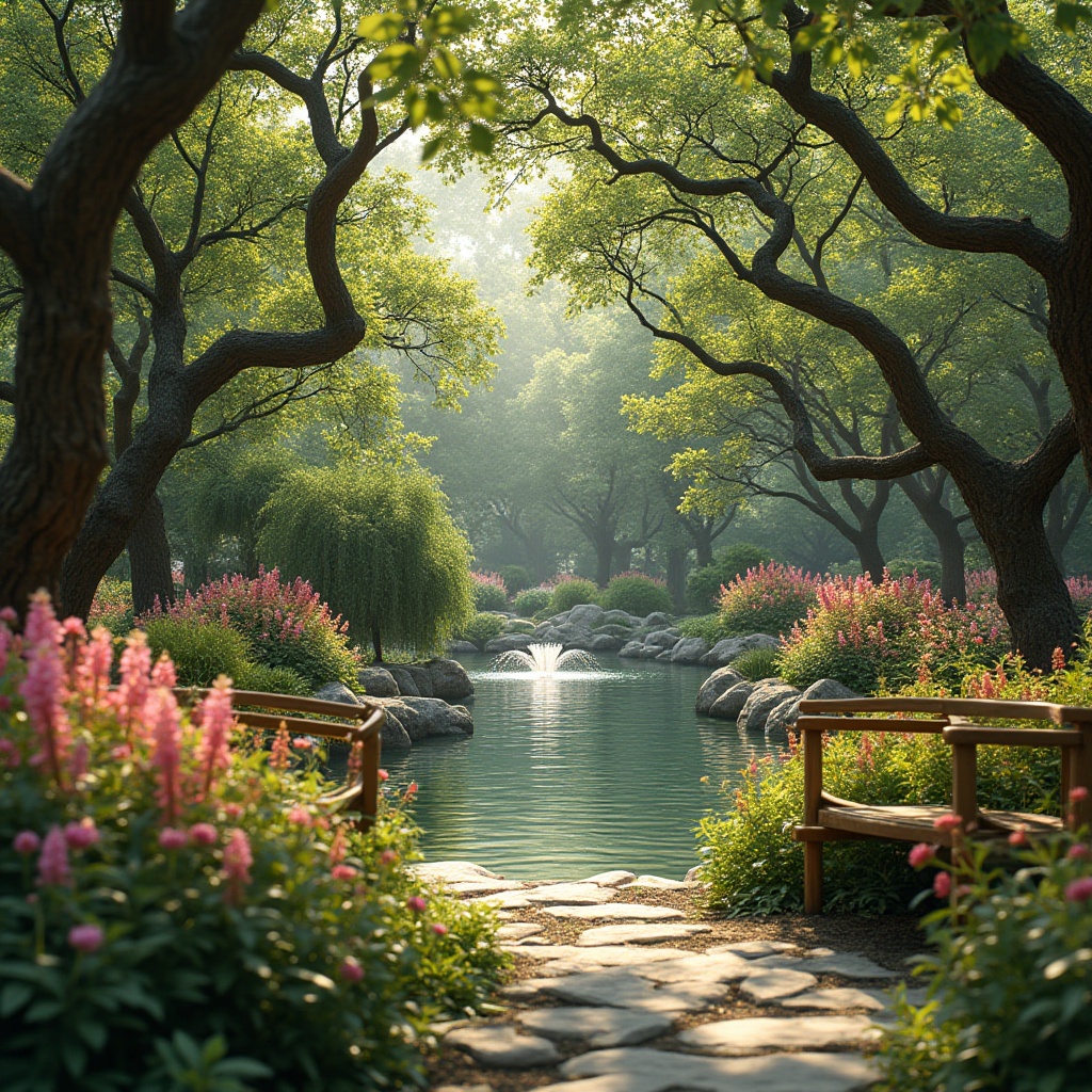 Prompt: Natural scenery, serene atmosphere, botanical garden, vibrant flowers, greenery, trees with intricate branches, water features, pond, fountain, natural stone pathways, wooden benches, sunny day, warm light, gentle breeze, realistic texture, detailed leaves, 3/4 composition, soft focus, shallow depth of field, cinematic lighting, nature-inspired design elements.