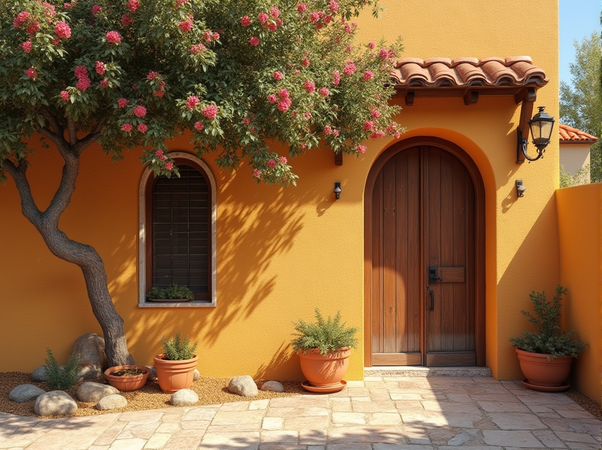 Prompt: Warm wheat color, Mediterranean villa, exterior wall, rustic texture, wooden door, arched window, clay roof tile, blooming bougainvillea, olive tree, sunny day, soft warm lighting, shallow depth of field, 3/4 composition, beautiful detailed architecture, realistic, ambient occlusion.