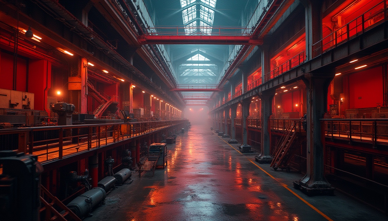 Prompt: Industrial factory, interior design, red accents, bold machinery, steel beams, exposed pipes, modern architecture, metallic texture, vibrant red walls, industrial lighting, catwalks, staircases, conveyor belts, mechanical arms, robotic workers, sparks flying, intense contrasts, dramatic shadows, low-key lighting, cinematic composition, 3/4 view.