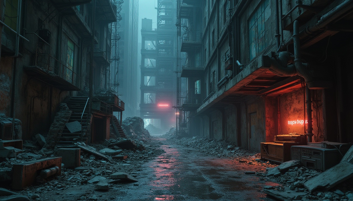 Prompt: Deconstructivist community, futuristic cityscape, abandoned skyscraper, broken concrete, rusty pipes, neon lights, cyberpunk atmosphere, mysterious alleyways, foggy nightscape, dark corridors, dimly lit staircases, worn-out graffiti-covered walls, fragmented mirrors, shattered glass, torn fabric, scattered debris, old computers, dusty machinery, eerie silence, 3/4 composition, high contrast lighting, cinematic mood.