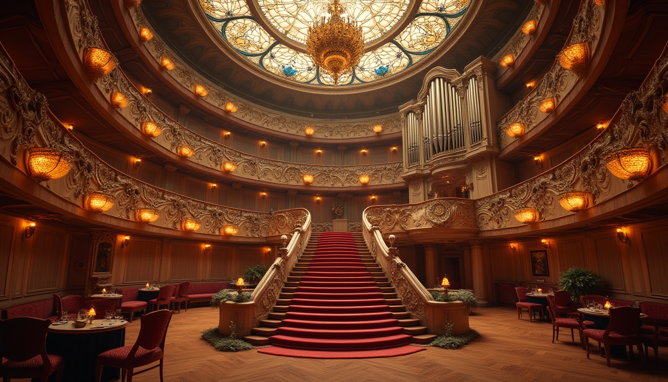 Prompt: Elegant concert house, Art Nouveau style, luxurious interior, grand staircase, ornate railings, flowing curves, organic forms, stained glass ceiling, intricate mosaics, ornamental lamps, velvet drapes, golden accents, refined wood paneling, subtle lighting, dramatic chandelier, majestic organ, ornate balconies, VIP lounge, red carpet, gilded frames, lavish furnishings, soft focus, warm color palette, 3/4 composition, shallow depth of field, symmetrical arrangement.