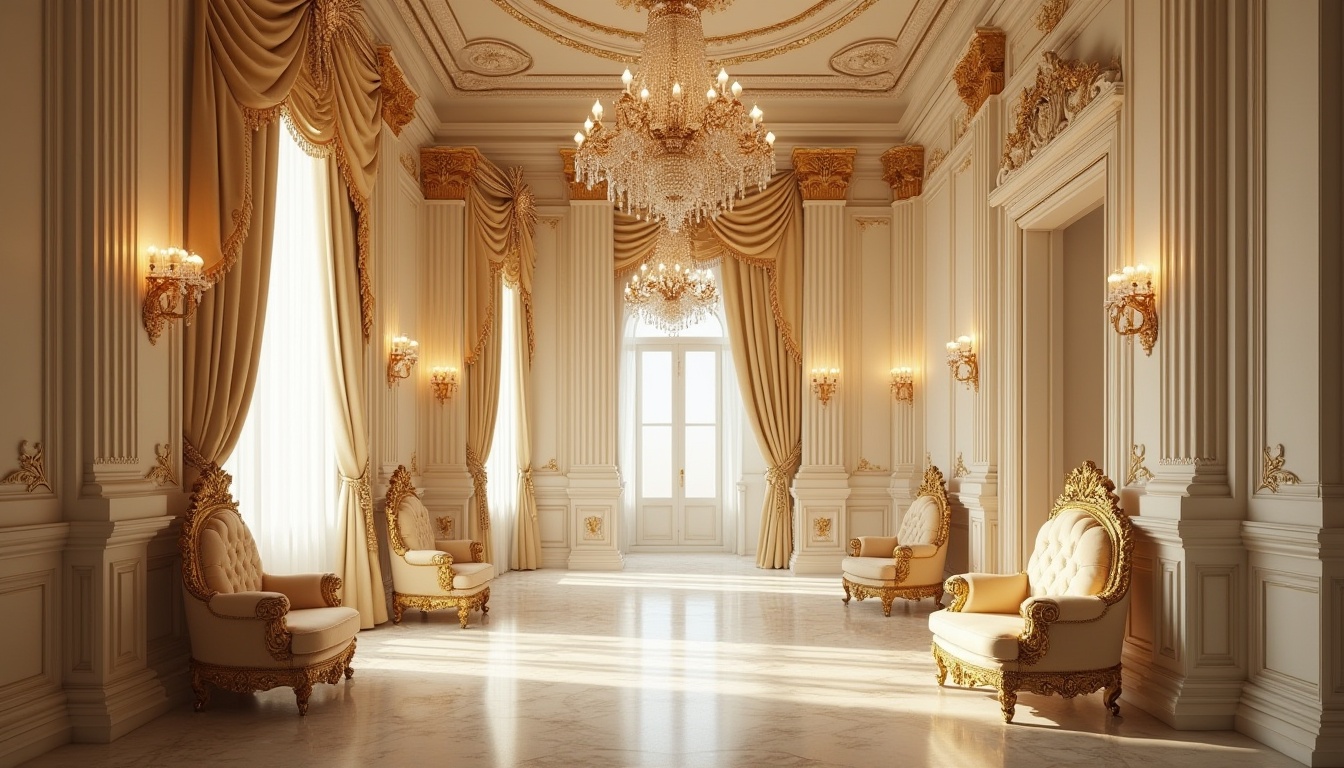 Prompt: Baroque style interior, cream color dominant, ornate gold accents, luxurious velvet fabrics, intricate carvings on furniture, majestic chandelier, grandiose drapery with tassel details, lavish marble flooring, subtle wood tones, opulent atmosphere, dramatic lighting, low-angle shot, warm glow, soft focus, Renaissance-inspired architecture.