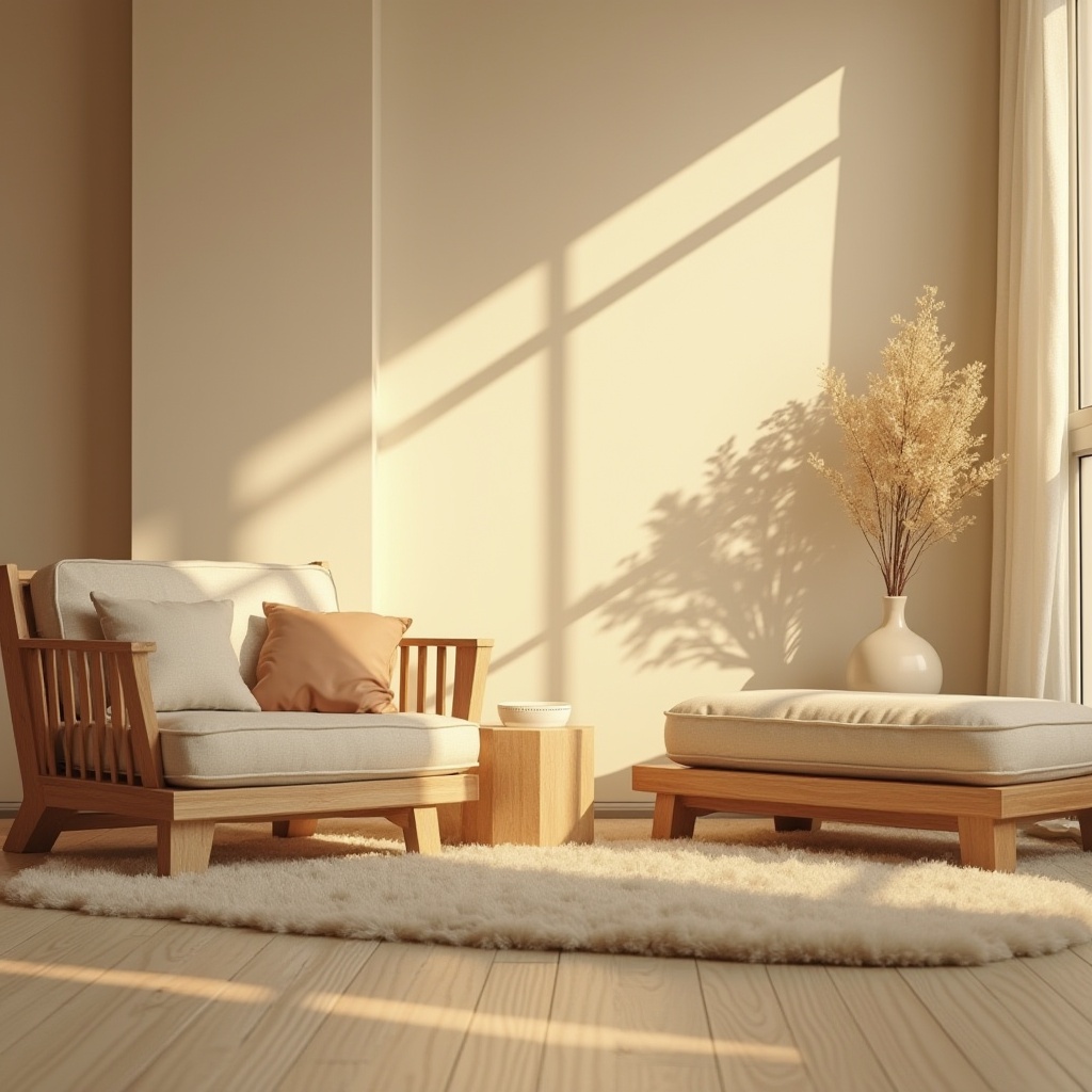 Prompt: cozy atmosphere, beige color, warm lighting, wooden furniture, fluffy carpet, soft cushions, gentle curves, minimal decor, peaceful ambiance, morning sunlight, subtle shadows, warm tone, comforting texture, serene mood, inviting space, relaxation, calmness, simplicity.