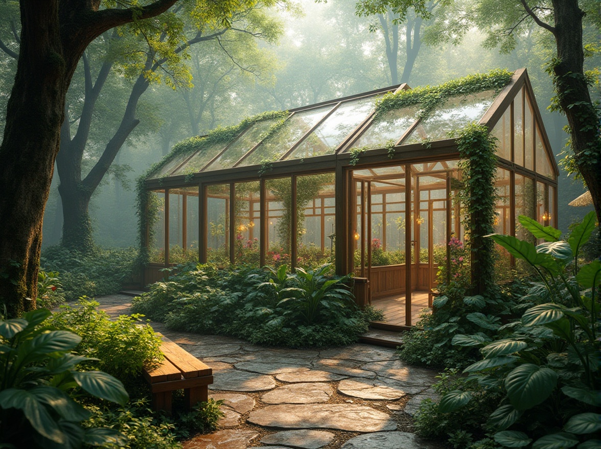 Prompt: Integrating greenhouses, harmonious blend with forest landscape, lush trees, vines crawling up transparent glass walls, wooden frames, modern minimalist architecture, misty morning atmosphere, soft warm lighting, dew droplets on leaves, vibrant greenery, exotic flowers blooming inside, natural stone paths, rustic wooden benches, serene forest sounds, birds chirping, gentle breeze rustling leaves.