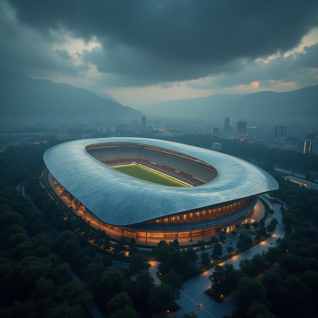 Prompt: Modern stadium design, sleek curved lines, futuristic architecture, fiber-cement material, textured concrete, metallic accents, large open spaces, natural light pouring through skylights, lush greenery surrounding the building, urban landscape background, dramatic night lighting, cinematic composition, low-angle shot, atmospheric fog effect.