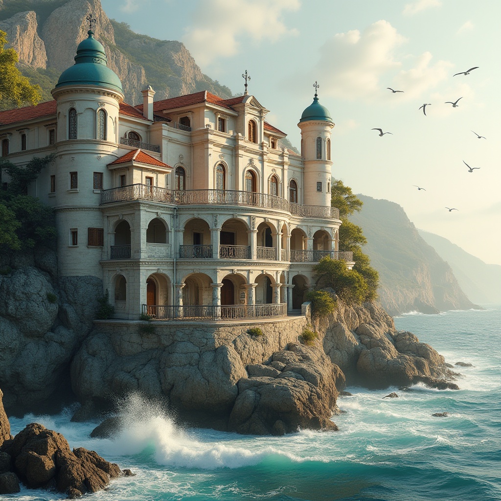 Prompt: Coastal Byzantine style house, majestic mansion, white stone walls, intricately carved wooden doors, ornate iron gates, red-tiled roofs, turquoise-domed towers, balconies with ornate metal railings, seaside setting, rugged cliffs, crashing waves, seagulls flying overhead, warm golden light, misty morning atmosphere, soft focus background, 3/4 composition, shallow depth of field, vivid textures, intricate architectural details.