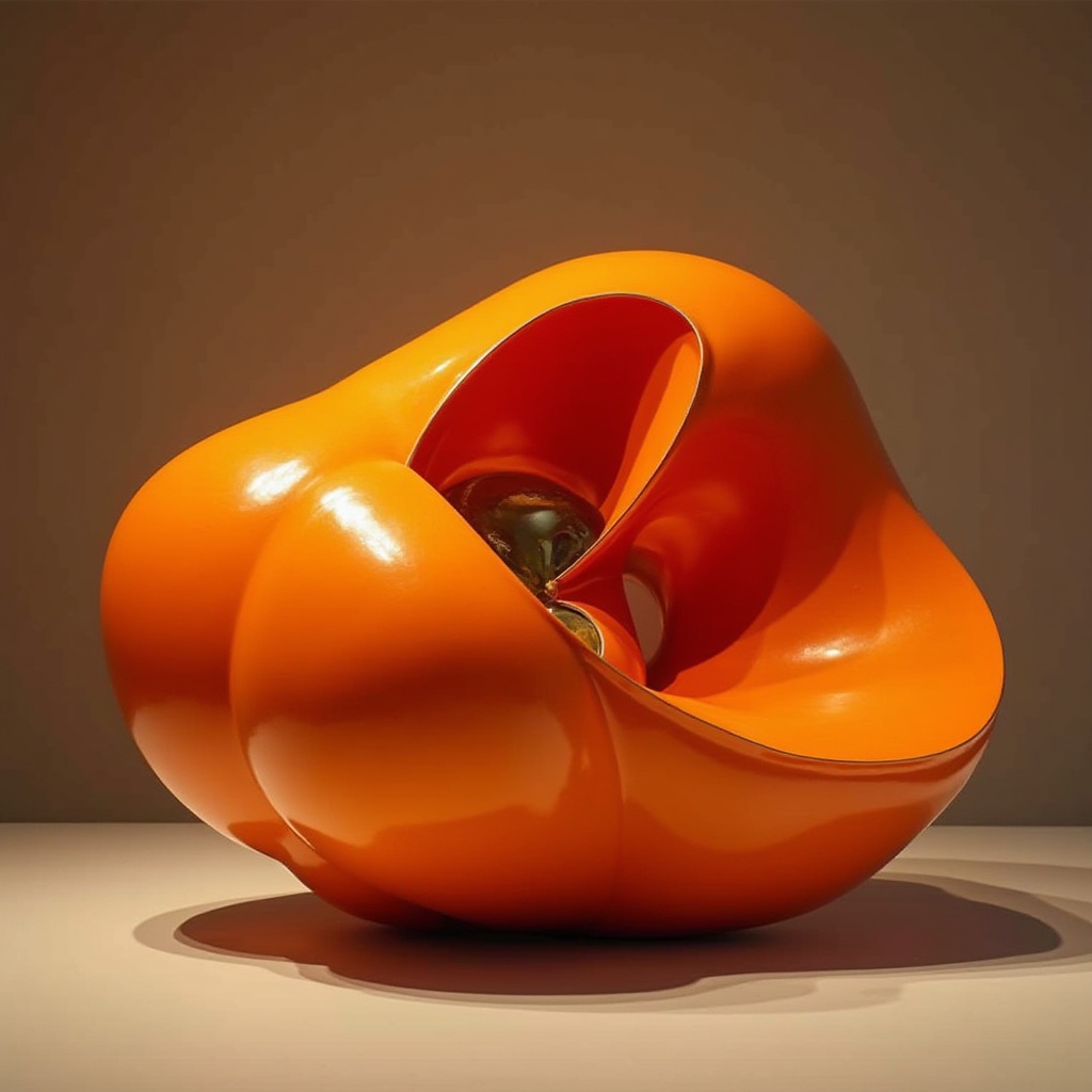 Prompt: Vibrant persimmon orange, bold statement piece, modern art sculpture, abstract geometric shape, metallic finish, glossy texture, contrast with neutral background, solo exhibit, contemporary art museum, dramatic spotlight, low angle composition, warm tone, high saturation, 3/4 view.