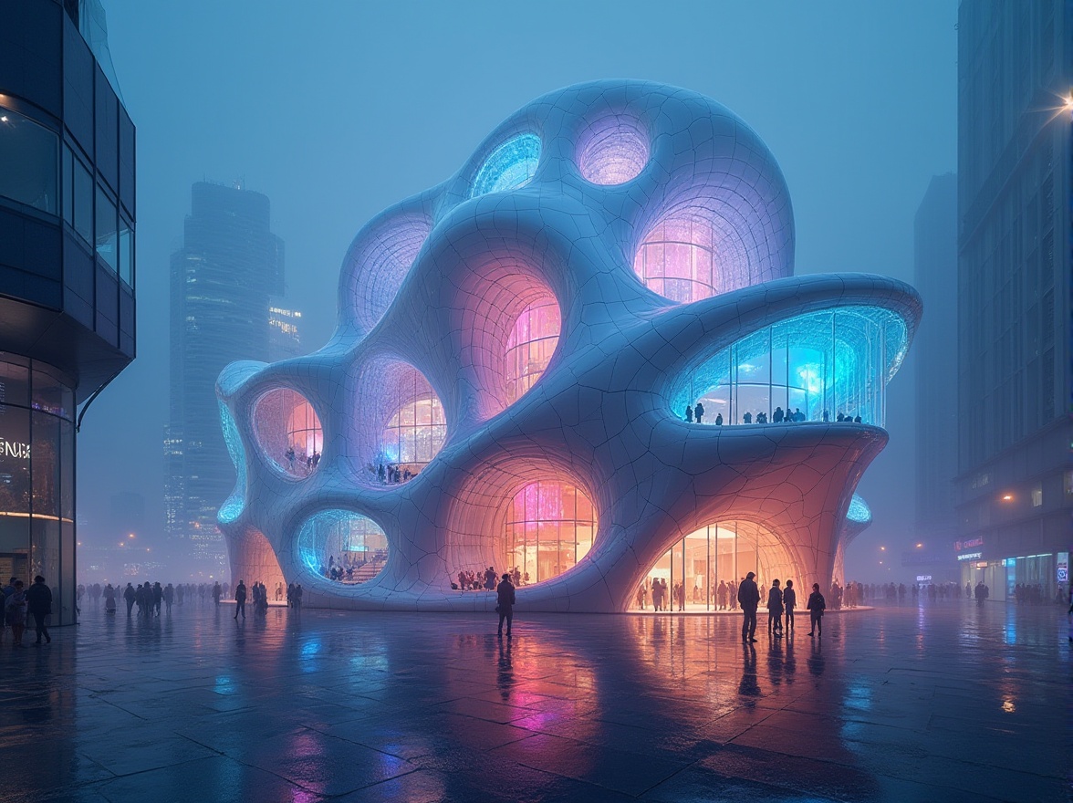 Prompt: Experimental architecture, futuristic building, polycarbonate structure, translucent walls, iridescent colors, geometric shapes, curved lines, neon lights, cityscape, metropolitan area, night scene, foggy atmosphere, soft glow, 3/4 composition, low-angle shot, cinematic lighting, reflective surfaces, avant-garde design.