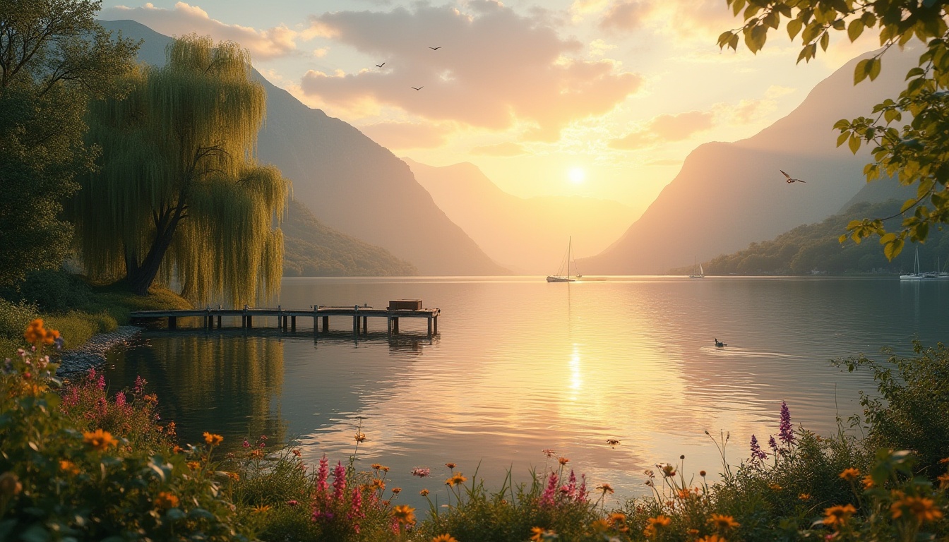 Prompt: Serene lakefront, warm sunset, tranquil atmosphere, gentle ripples on water surface, misty mountains in distance, lush greenery surrounding lake, weeping willows dipping into calm waters, vibrant wildflowers blooming along shore, old wooden dock jutting out, few sailboats bobbing gently, distant seagulls flying lazily, soft warm lighting, cinematic composition, 3/4 view, ambient sound of gentle lapping water.