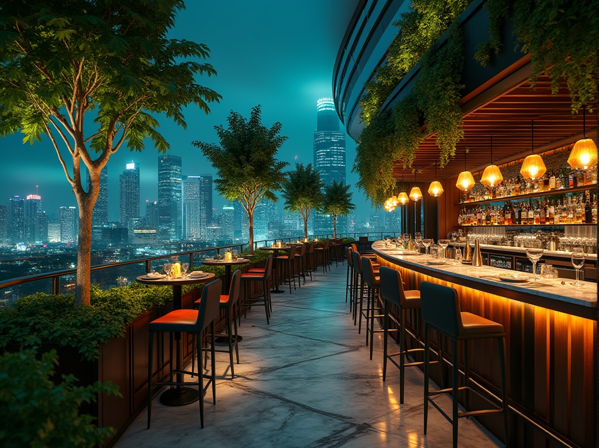 Prompt: Trendy urban bar, green architecture, rooftop garden, lush vines, modern skyscraper, sleek lines, metallic materials, glass facade, neon lights, bustling cityscape, night scene, vibrant colors, abstract patterns, 3/4 composition, low-angle shot, cinematic lighting, atmospheric fog, warm ambiance, luxurious interior, marble countertops, wooden accents, velvet stools, chic bartender, fashionable crowd, cocktails, wine glasses, ice cubes, citrus slices.